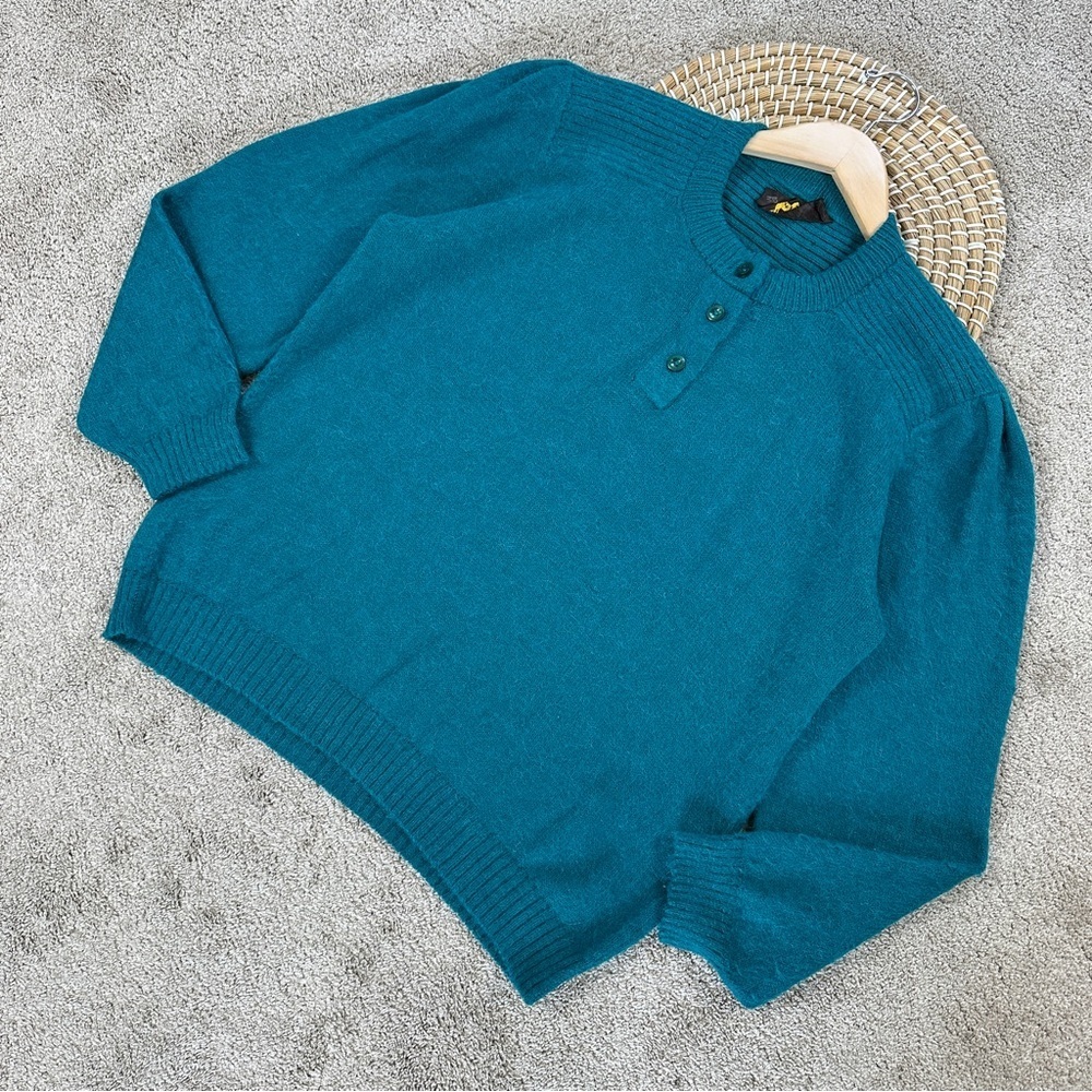 Artesania Huanca Women’s 100% Alpaca Wool Henley Sweater in Blue Teal 35/US S